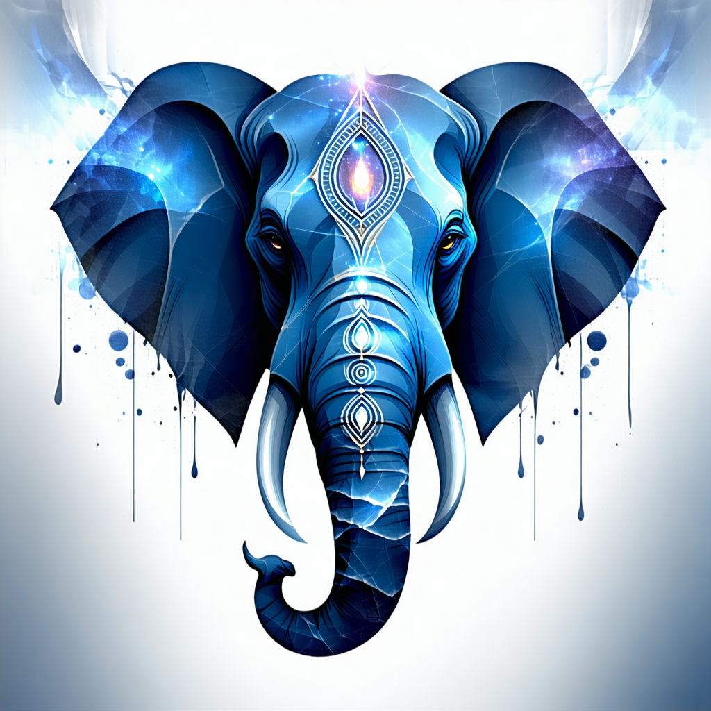 Envision a logo for the 'VENAD WARRIORS' that seamlessly merges the majestic head of a Kerala elephant with mystical symbols, embodying both strength and spirituality. This logo should come alive in 3D, with a surreal blend of realistic and abstract elements that captivate and intrigue. Imagine the elephant's texture as a marble veining effect, adding an element of the earth's natural beauty. The color palette should explore mystical blues and purples, evoking a sense of mystery and depth. Dramatic spotlighting highlights the logo, with a glowing aura that adds an ethereal quality. Compositionally, strive for an asymmetrical balance that keeps the viewer's eye moving, with microscopic textures that invite a closer look. Integrate visual effects that suggest a glowing aura around the logo, enhancing the surreal, dreamlike mood. The logo should also incorporate hidden interactive elements that engage the viewer, drawing them into a narrative of mythical origins and cultural fusion, blending traditional art patterns with symbolic integration. This image should resonate emotionally, stirring feelings of nostalgia while inviting the viewer into a world of fantasy and wonder.