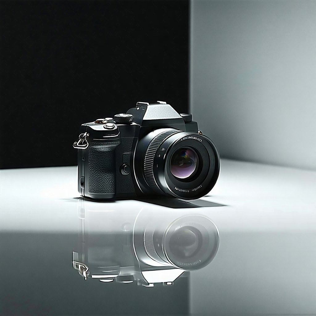 Create an elegant product photo of a camera, focusing on a macro close-up that reveals the intricate design details. Use soft diffused lighting to highlight textures, ensuring the monochromatic color scheme enhances the camera's sleekness. Position the camera on a reflective, neutral backdrop to introduce a mirror-like effect, adhering to the rule of thirds for a balanced composition. Incorporate side lighting to accentuate shadows and textures, creating depth. Include a polarizing filter to minimize reflections and glare, ensuring clarity. Feature the camera in an in-use scenario with a model, adding a blur effect to imply motion, capturing a dynamic shot. Surround the camera with its accessories and components, arranged to tell a visual story, using negative space to accentuate the camera's form. Apply a minimalist approach for a clean, professional look. Use forced perspective to creatively distort the scale, making the camera the focal point of this detailed, product-focused image.
