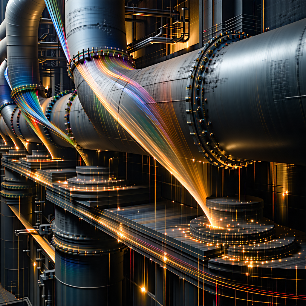 Craft an arresting visual tapestry that encapsulates the ultrasonic testing of a shear wave coursing through a complex piping weld. Envision this scene bathed in the distinct drama of oblique lighting, throwing profound shadows that weave a chiaroscuro pattern, thereby underlining the intricate details and the coarse, textured patina of the metal. From an aerial perspective, position the camera to create a perfectly symmetrical tableau, wherein a macro close-up shot unfolds the vivid spectrum of colors of the shear wave as it dances with the metallic canvas.
Implement a shallow depth of field to artistically blur the peripheral elements, masterfully directing the viewer's attention to the hypnotic movement of the wave. Freeze this dance in a long exposure shot to capture its fluid, ever-changing nature. Let the reflections play on the metallic surfaces, adding a dimensional depth and causing the colors to burst forth, bringing the scene to life.
The overall aesthetic should blend the raw, industrial feel with a color palette that highlights the metallic character of the subject and its environment. Maintain a tether to realism with natural illumination and cinematic composition, while not compromising on the metallic allure and the industrial symphony. Make sure that it does not include sparks, or welding, but specifically an ultrasonic testing shear wave probe in a technician's hand.