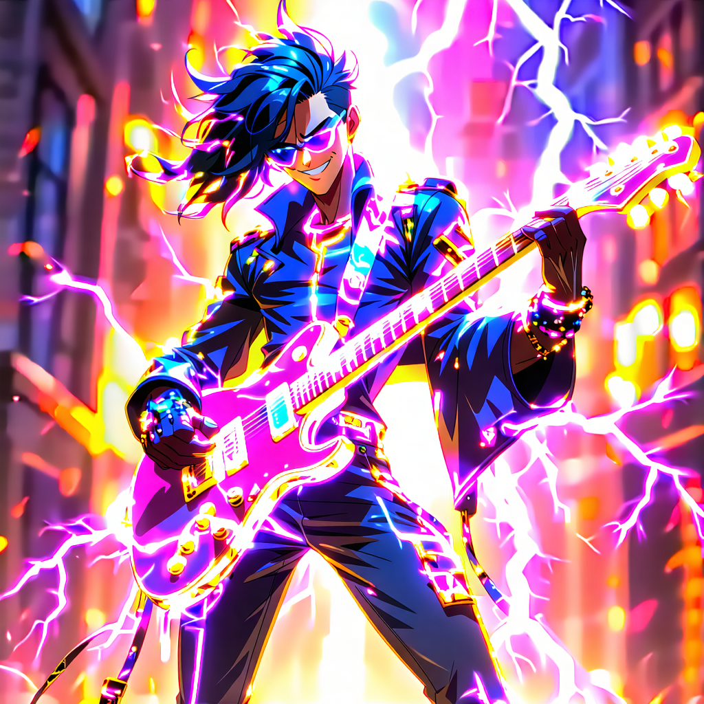 Envision a main character straight out of a beautifully detailed Manga, embodying the essence of a rockstar with an electric twist. This character, standing in a dynamic rockstar pose with one leg raised, is strumming an electric guitar that's not just an instrument but a weapon, adorned with lightning effects animating the strings. Their facial expression is bursting with energy, eyes wide open and a smile that's both inviting and exhilarating. The costume is nothing short of spectacular, with elaborate details highlighted by glowing neon accents in electric blue and vibrant pink, reflecting the character's vibrant personality and the electric nature of their weapon. Their distinctive hairstyle, featuring neon streaks, adds to their unique charm. Surrounding them are symbolic music notes floating in the air, with a musical staff wrapping gracefully around their body, enhancing the musical theme. The electric guitar's strings glow, casting light on the surroundings and accentuating the dynamic backlighting that creates a dramatic silhouette against a concert stage backdrop, filled with neon lights and a cheering crowd. This scene is viewed from a bird's eye perspective, capturing the character's electrifying performance on stage, ensuring every detail from the glowing costume accents to the vibrant, dynamic background contributes to a scene of ultimate musical and visual harmony.