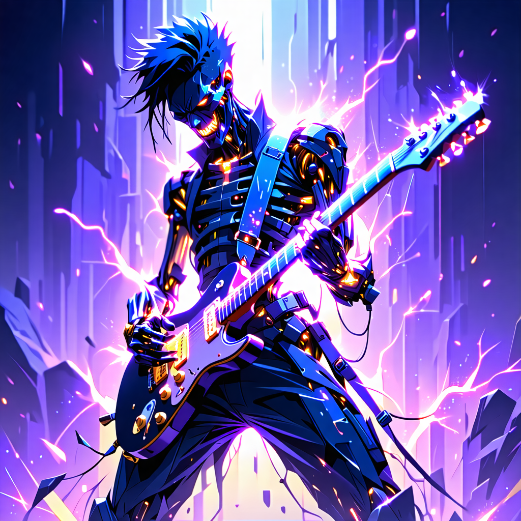 "Visualize a central figure hailing from a delicately etched Graphic Novel, embodying the spirit of a rockstar infused with a digital vibe. The character, poised in a dynamic rhythmic motion, one foot dramatically lifted, is strumming an electric guitar that also functions as a potent weapon, adorned with sparkling cybernetic enhancements on its strings. Their countenance is filled with a passionate rage, eyes aflame, and a smirk that's simultaneously captivating and electrifying. The ensemble