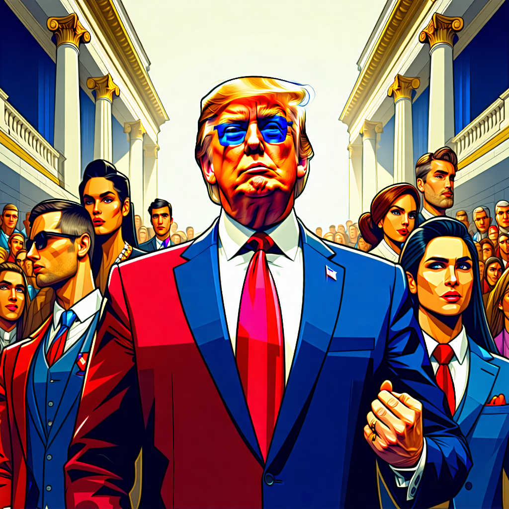 "Craft a compelling narrative image that encapsulates the tale of 'Kash Patel’s Senate Circus: Farce, Flip-flops, and the FBI's Public Relations Catastrophe.' Visualize the Senate hall, elaborate and majestic, as the backdrop for this political drama. Patel, dressed in distinctive garb representing his transformation from a MAGA supporter to the FBI's chief, is assertive in the middle with an authoritative posture. Encircle him with senators, their postures lively, faces filled