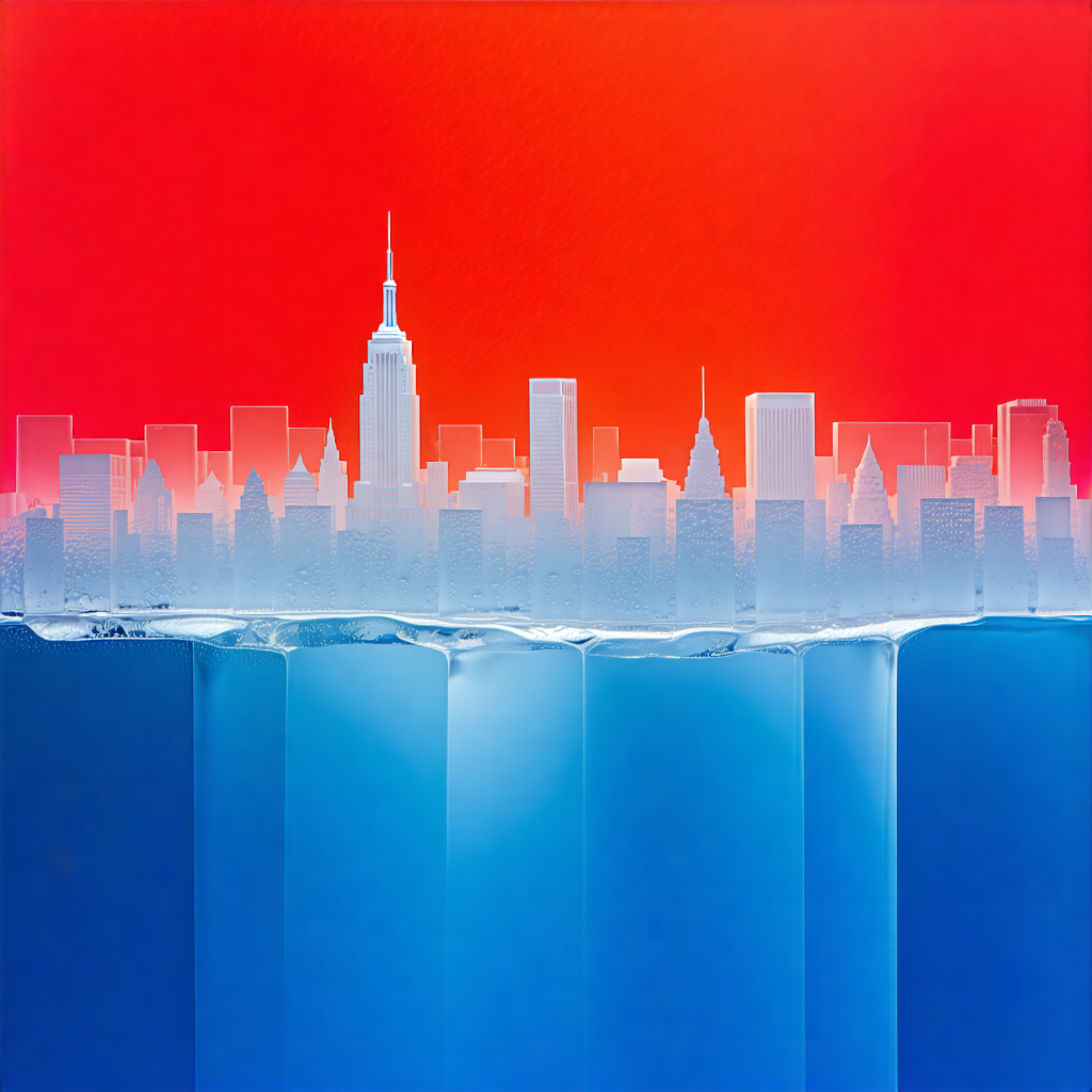 Create an abstract art piece that vividly portrays the concept of forceful imposition and resistance, encapsulating the narrative of Trump utilizing ICE to dominate American cities. The artwork should experiment with layering, overlaying transparent shapes of flags and emblems to symbolize authority and dissent. Utilize a striking contrast of red and blue colors to represent division and conflict, with dynamic diagonal lines and angles suggesting movement and turmoil. Incorporate textural contrasts between smooth and rough surfaces, embodying the tension between order and rebellion. Geometric abstraction should be evident through intersecting triangles, creating a sense of disruption. Gradual opacity shifts alongside high contrast patterns will add depth and intensity. Fragmented political slogans, barely discernible, should weave through the composition, echoing the voices of contention and proclamation. Emphasize chaotic brush strokes to convey emotional upheaval, with exaggerated scale contrasts highlighting the imbalance of power. The overall composition should be dynamic, expressive, and thought-provoking, capturing the essence of confrontation and the struggle for autonomy in an abstract realm.