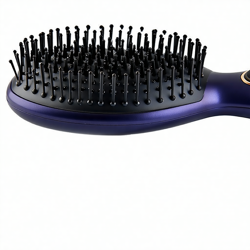 Capture an elegant, high-quality product photo of a Self Cleaning Hairbrush designed for women. This unique hairbrush features a one-key cleaning mechanism, a design aimed at reducing hair loss, and an airbag for scalp massages, all while being anti-static. The image should radiate a sense of morning routine freshness, incorporating soft lighting to highlight the brush's sleek, monochromatic color scheme and the intricate textures that speak to its high-quality craftsmanship. Set against a minimalist white background, place the hairbrush in the rule of thirds composition to draw attention to its features, especially the macro shot of the logo that signifies its brand identity. A model's hand should be shown elegantly holding the brush, emphasizing user interaction and the brush's ease of use. Surround this scene with a lifestyle setup that includes a silk hair ribbon as a prop, subtly introducing a touch of everyday luxury. The overhead shot should creatively experiment with angles to best showcase the brush's functionality and design, making the viewer appreciate the innovative one-key cleaning mechanism.