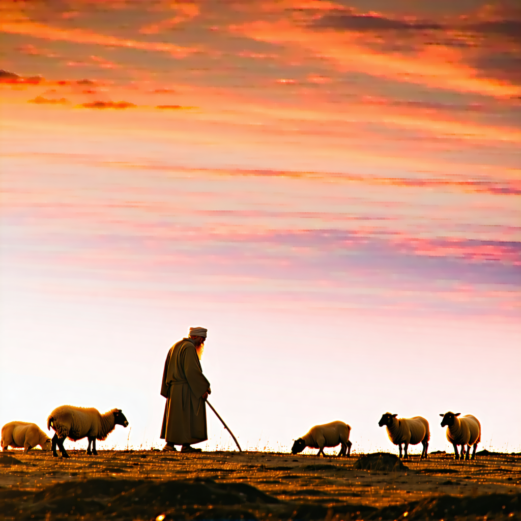 A serene and expansive landscape at sunrise or sunset. In the foreground, a kind and wise shepherd, dressed in simple, authentic clothing, gazes tenderly at his peacefully grazing sheep. The sky is wide, with soft hues of orange and pink, and the warm light illuminates the scene, conveying a sense of peace, security, and abundance. The surrounding nature is lush and fertile.