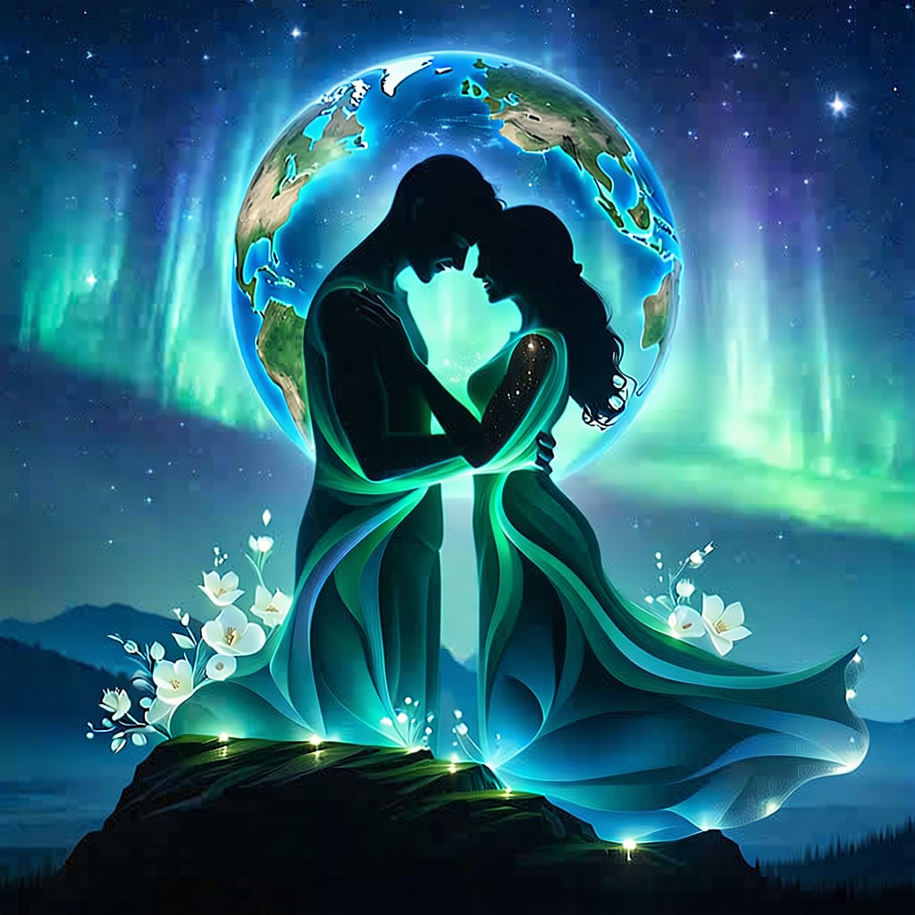 Craft a surreal artwork embodying Mother Earth cradling her sons in a giant's embrace, where each figure embodies a distinct floating island amidst a celestial landscape. The scene is imbued with the hues of the Aurora Borealis, casting an ethereal glow over the bioluminescent connections that weave between them, symbolizing their cosmic bond. Surround them with a floral symphony that blends seamlessly into their forms, showcasing morphing elements that echo the cycle of life and transformation. Their expressions should radiate ethereal serenity, capturing a moment frozen in a time warp. Incorporate celestial halos that subtly hint at their divine nature, while the backdrop features dreamlike textures, reminiscent of a cloud veil, punctuated by distorted proportions that emphasize the surreal, fantastical mood. The light and shadow play should enhance the otherworldly atmosphere, making the entire composition feel like a vivid, imaginative dream.