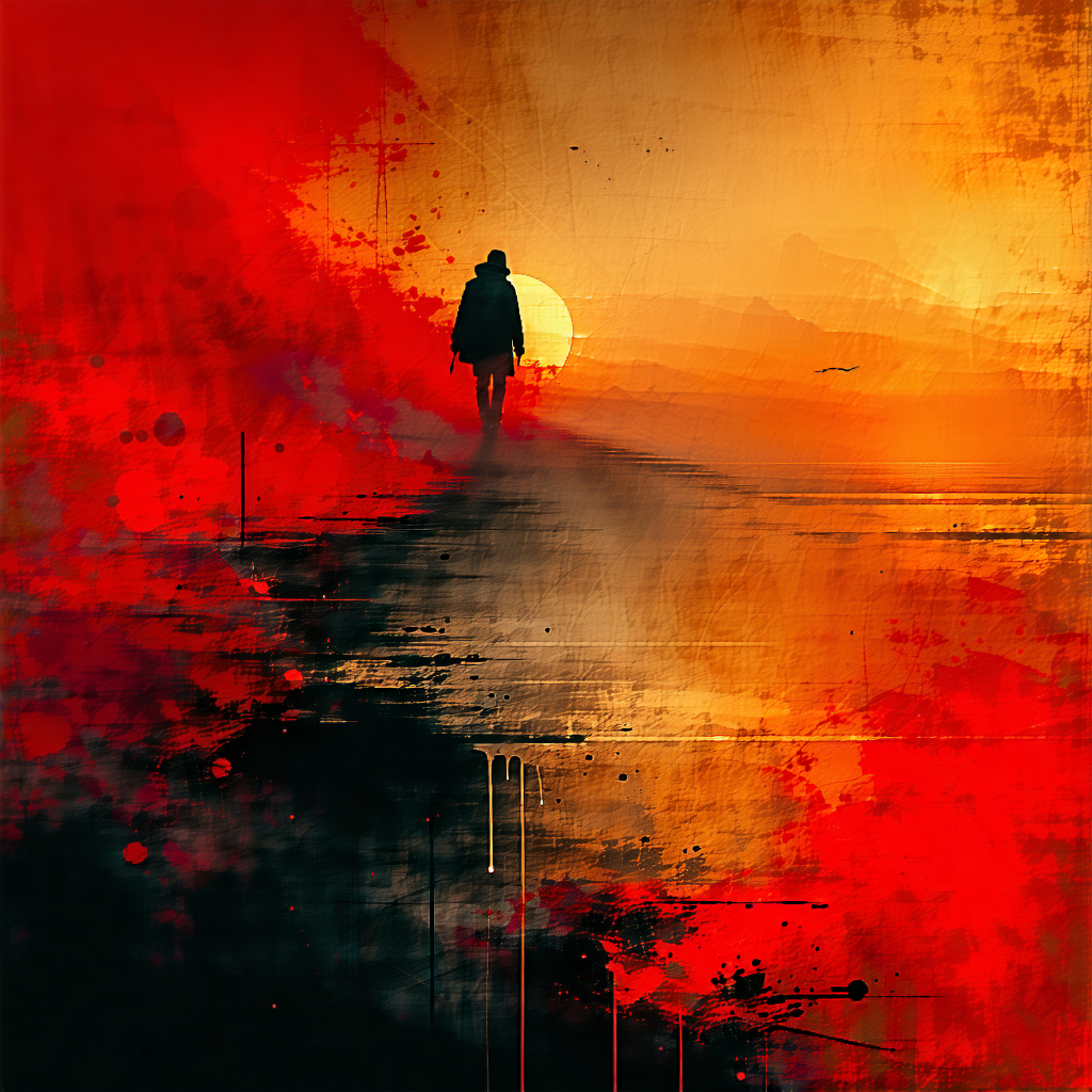 Transform the uploaded photo into a painting that pulsates with vibrant, bold colors, wrapped in a grunge texture overlay to add depth and character. Infuse the composition with dramatic lighting to accentuate the central theme and introduce a watercolor wash effect that blends seamlessly with an abstract background, creating a masterpiece that evokes nostalgia. The use of negative space should draw the viewer's eye towards the focal point, crafting an emotional journey back in time. This poster should not only capture the essence of the subject but also stand as a bold, professional piece of art that embodies impactful and memorable visual storytelling.