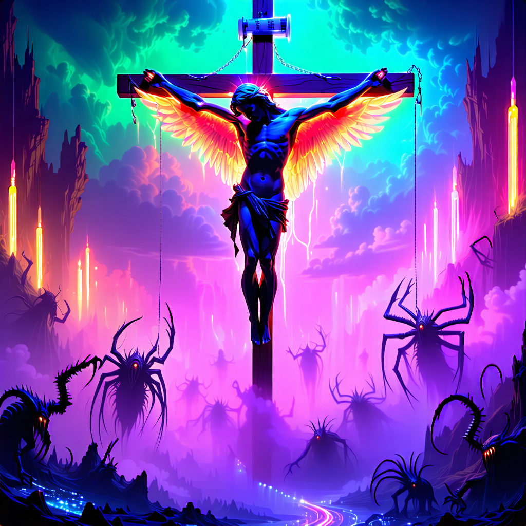 Craft a surreal artwork where a figure resembling Jesus Christ is suspended on a crucifix made of two hypodermic syringes, under a neon-lit, otherworldly sky. An ethereal angel, with intricately detailed wings, whispers secrets into one ear behind cupped hands. Below, a myriad of demon creatures dance and writhe; some are caught in lascivious acts, others gnaw at the figure's feet, all atop a winding river of sludge. The scene is awash in vivid neon pink, matt black, and hot green, creating a stark, dreamlike contrast. Integrate dynamic movement and surreal transformations among the creatures, adding a sense of kinetic energy and chaotic harmony. Experiment with lighting to cast an otherworldly glow, particularly emphasizing the angel's ethereal presence and the sharp, reflective surfaces of the syringes. Incorporate elements of distorted reality and unsettling symmetry, such as mirroring the scene in the river's surface, to deepen the surreal effect. Use negative space thoughtfully to balance the crowded composition, and weave in visual metaphors that hint at inner struggles or a larger mythos, enriching the narrative and emotive impact.