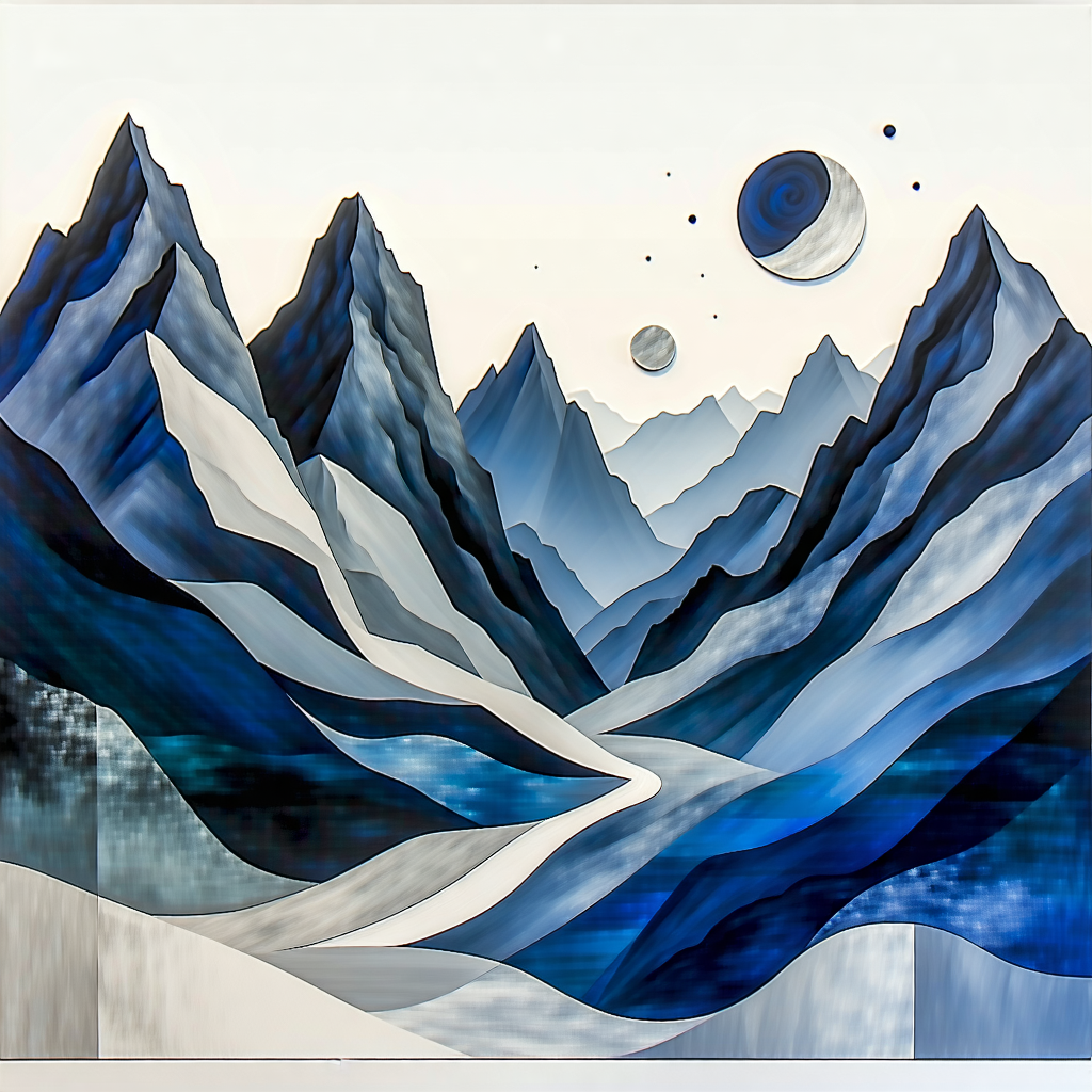 Craft an abstract art piece inspired by the concept of two mountains with a valley nestled between them. Envision this landscape through the lens of an analogous color scheme, utilizing a monochromatic palette to evoke a serene and cohesive atmosphere. Integrate organic textures across the composition, allowing fluid curves to define the abstract forms of the mountains and valley. Employ asymmetrical balance to introduce dynamic tension and interest, while gestural marks add a layer of expressive depth. Illuminate the scene with high contrast lighting, emphasizing the interplay of light and shadow to sculpt the abstract forms. Incorporate spiral dynamics to suggest abstract motion and flow within the valley, creating a sense of gentle movement. Use foreshortening to craft abstract depth and perspective, enhancing the visual intrigue. Contrast the textures within the scene for harmonic complexity, and embed fractal patterns to infuse the composition with a rhythm of pattern and repetition. Let this abstract portrayal not only represent the physical landscape but also whisper the silent stories and emotions bound in the valley's embrace.