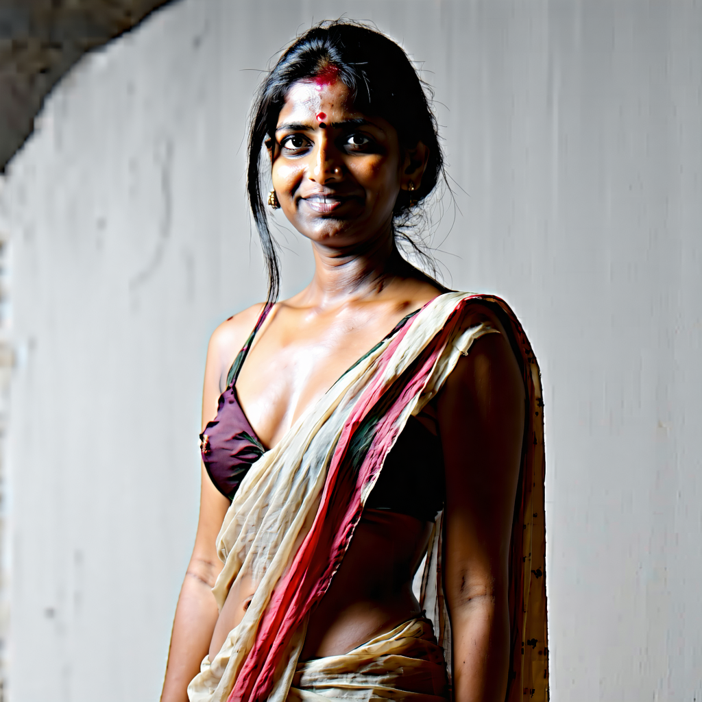 "Capture a mysterious woman dressed in a sleeveless saree, her navel faintly visible. The saree incorporates contrasting hues for a striking visual, set against a plain, muted backdrop. The composition veers towards asymmetry, emphasizing her powerful posture and inscrutable grin, under the play of shadows and highlights to enhance a mood of intrigue. Utilize a narrow depth of field to draw attention to her figure and the elaborate design of the saree. The viewpoint is at eye level,
