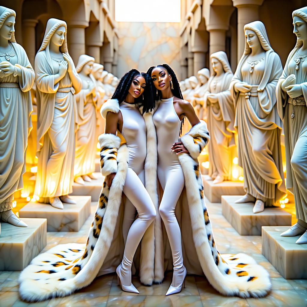 3 lovely delicate shaped beautiful caucasian elegant dreamy ladies, shrouded in trailing long very tight body-con long trailing floor-length hobble skirts luxurious fluff plush cheetah fur coat pattern print fur cocooning fluffy fur gowns with matching shoulder draped rich folded fluff alpaca blankets, posing between 2 rows of huge glowing translucent alabaster embracing translucent statues of goddesses.