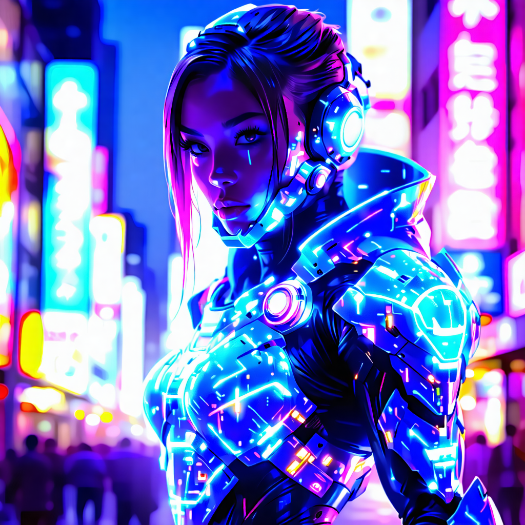 Envision a dynamic, powerful female character adorned in futuristic anime-style armor, poised against the backdrop of a vibrant, neon-lit cityscape. Her armor is detailed with intricate glowing patterns that enhance its complexity, incorporating elements of electric blues, vibrant purples, and neon greens. These colors should also be reflected in the city behind her, with neon signs and holographic displays adding depth and energy to the scene. The character is captured in a dynamic action pose, suggesting movement and determination, with subtle motion blur effects emphasizing speed and action. Her expression is one of unwavering focus, with cybernetic glowing accents on her facial features and eyes, suggesting a connection to the futuristic setting. Her hair should experiment with futuristic styles, possibly including asymmetrical cuts or glowing strands, complementing the overall sci-fi theme. High-tech gadgets, like wrist-mounted holographic displays, add to her arsenal, suggesting versatility and readiness. The composition should be diagonal, creating a sense of energy and movement, with dramatic neon lighting effects casting dramatic shadows and highlights across the scene, emphasizing the character's depth and the intricate details of her armor, which may include glowing energy circuits or cybernetic enhancements.