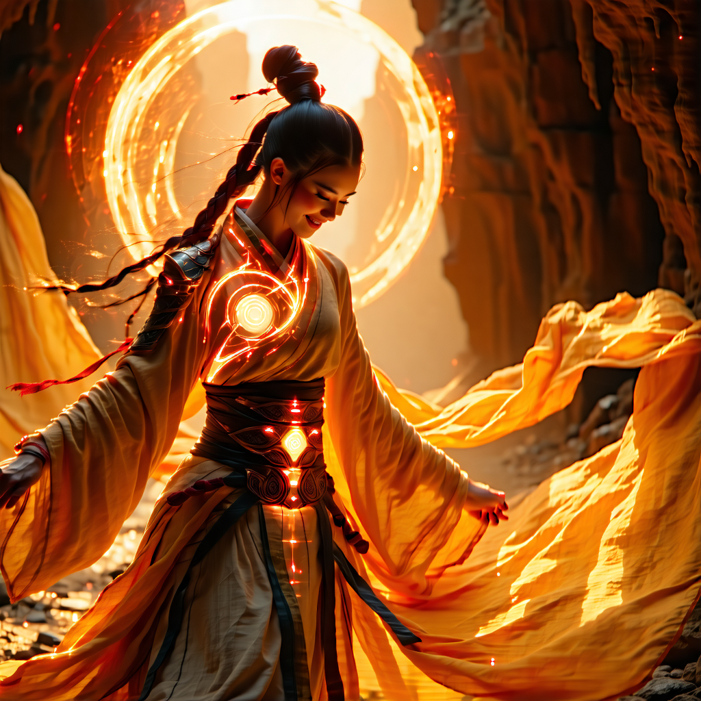 Envision a warrior woman, cloaked in flowing, lightweight fabrics that dance with the wind, her attire complementing her formidable presence. She stands in a powerful battle stance, an aura of energy pulsating around her, embodying both strength and grace. Her chest is adorned with an ornate, symbolic breastplate, its design accentuating exaggerated features while whispering tales of mythical creatures. The warm tones of her outfit mirror the fantasy landscape that stretches out behind her, where the light dramatically backlights her form, creating a halo effect. Her confident smile is a beacon of her unyielded spirit, and her eyes, deep with emotion, reflect the scars of battles past. Jewelry, intricate and meaningful, weaves through her attire, catching the light and adding to her mystique. The fabric of her clothing is caught in a dynamic movement, suggesting motion even in stillness. This scene is a symphony of symbolism, mythology, and the raw emotion of a warrior poised in her power, the diagonal composition adding a dynamic tension that pulls the viewer into the story.