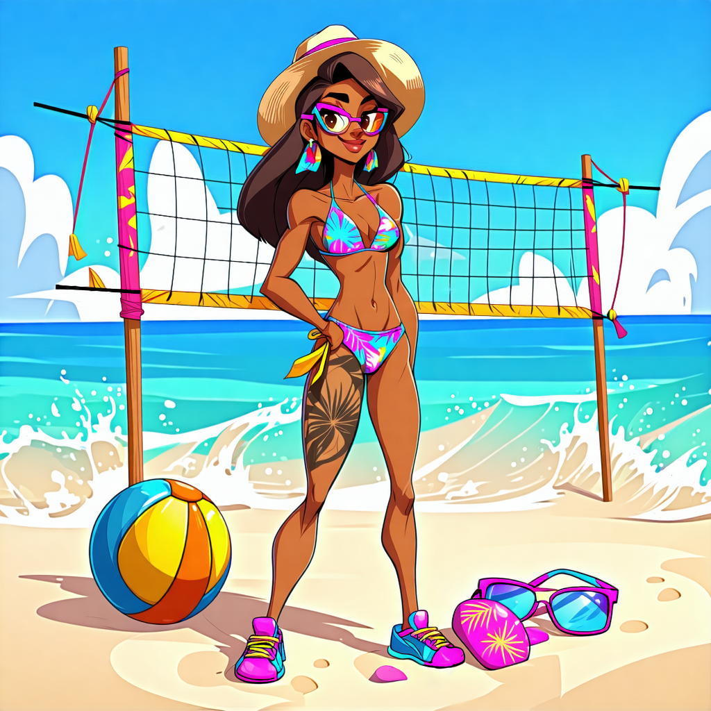 Envision a vibrant character design focusing on a young woman who shines as a beach volleyball champion. She stands in a playful, dynamic pose on the sandy shore, embodying confidence and carefree joy. Her bikini, adorned with intricate tropical patterns, catches the eye amidst the beach setting. The colors of her attire and the scene draw from a palette of vivid, beach-inspired hues. Her hairstyle flows with loose waves, suggesting a connection with the sea breeze, complemented by sunglasses and a beach hat that enhance her spirited personality. Accessories like a surfboard or a beach ball, alongside a friendly beach animal companion, add layers of playfulness and story. The backdrop is alive with the energy of a sunset beach, where warm lighting kisses her skin, and splashes of water add a dynamic effect around her. Capture this moment with a focus on exaggerated facial features, especially large, expressive eyes and a radiant smile, reflecting her victorious spirit and love for the beach life.