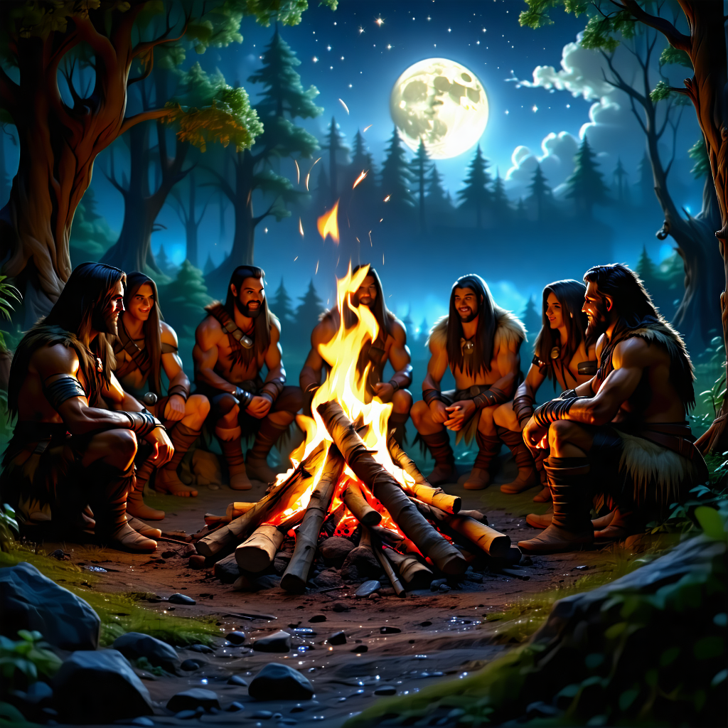 "Depict a gripping image of a Stone Age campfire and meeting area, intended as an immersive element for a game. The scene is washed in the cool, ethereal glow of moonlight, casting silvery tones over the natural hues of browns, greens, and blues. The fire, though not the central element, provides a small, warm contrast in the heart of the image where the characters are assembled. These figures, hailing from various walks of life and ages, exhibit unique facial