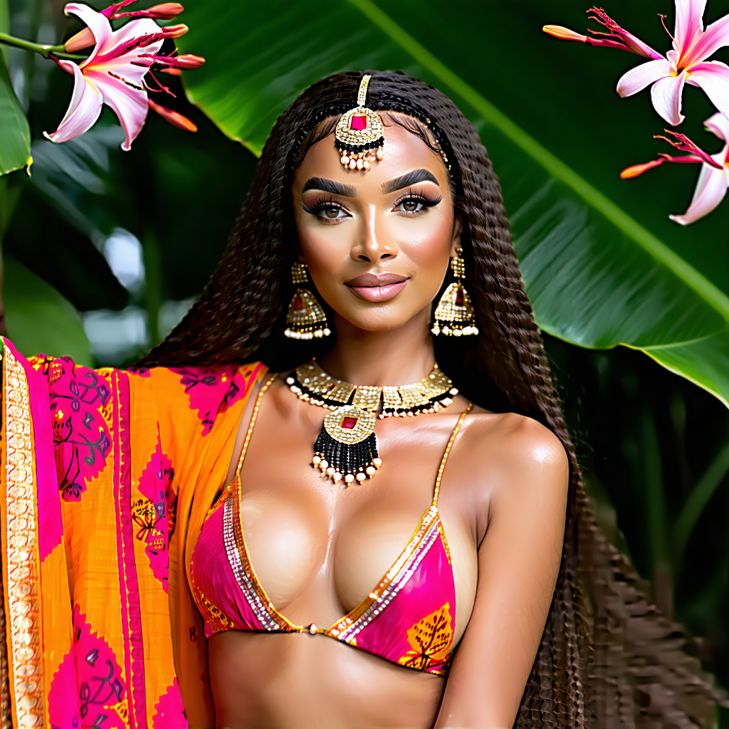 Create an Instagram ad that showcases a stunning individual embodying a thirst trap theme, deeply rooted in Indian culture. The person is draped in traditional Indian attire that exudes elegance and cultural pride, complemented by statement jewelry that catches the eye with every turn. Their hair flows in soft, natural waves, reminiscent of the gentle sea breezes of a tropical paradise. This setting is further enhanced by a backdrop that transports the viewer to an idyllic, sun-kissed tropical paradise, complete with lush greenery and vibrant flowers that echo the outfit's vibrant hues. The lighting is a soft, natural glow, casting a warm bronze radiance on the skin, highlighting a sultry smile and eyes that sparkle with an enhanced gleam, inviting engagement and connection. The pose is carefully chosen to convey a seductive gaze, promising stories of allure and mystique. A soft focus blur envelops the scene, lending an ethereal quality that beckons viewers closer, while the overall composition is optimized for mobile viewing, ensuring it's as engaging as it is shareable.