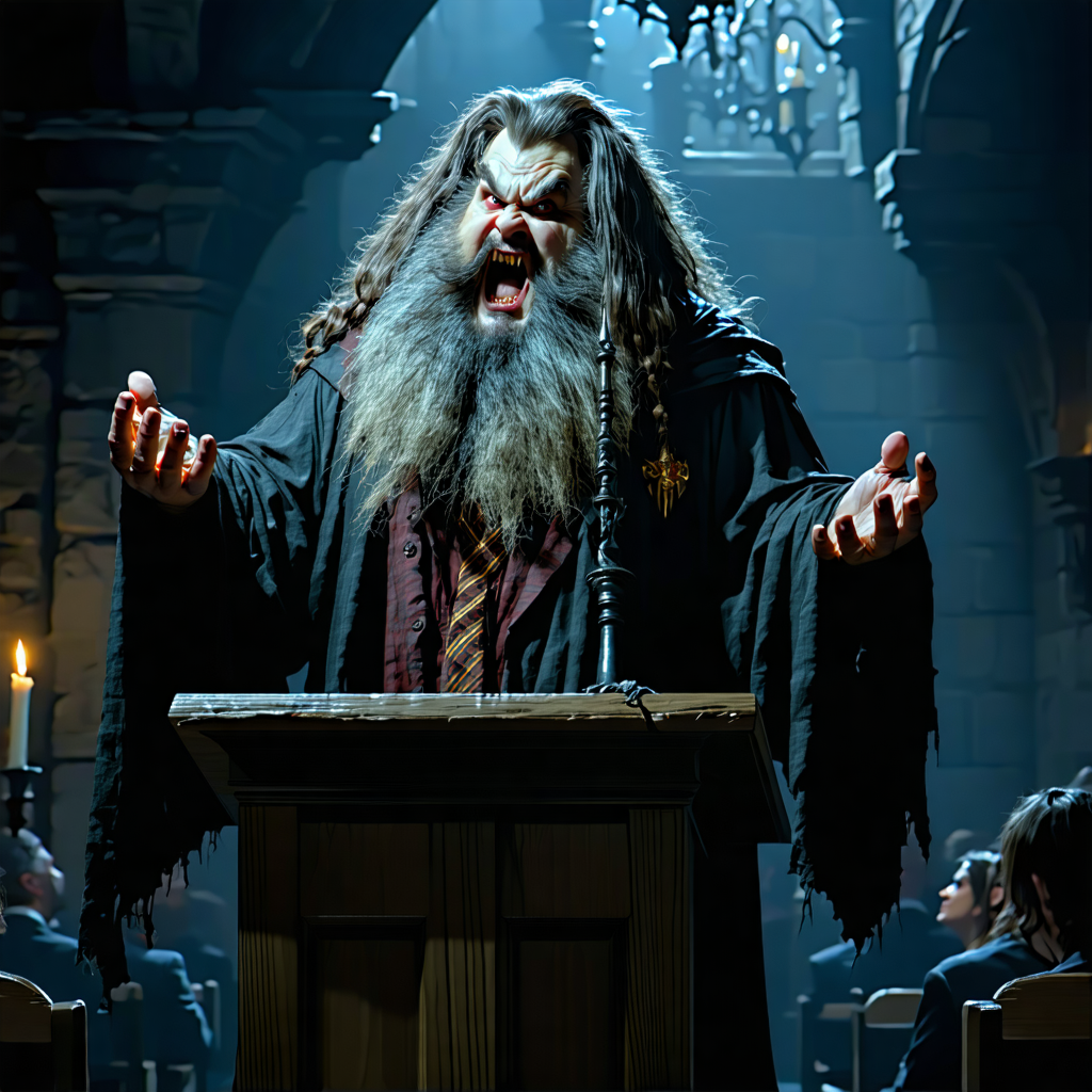 "A Noir-inspired Vampire version of Hagrid from Harry Potter, lecturing at a dimly lit class pulpit, wearing worn-out attire"