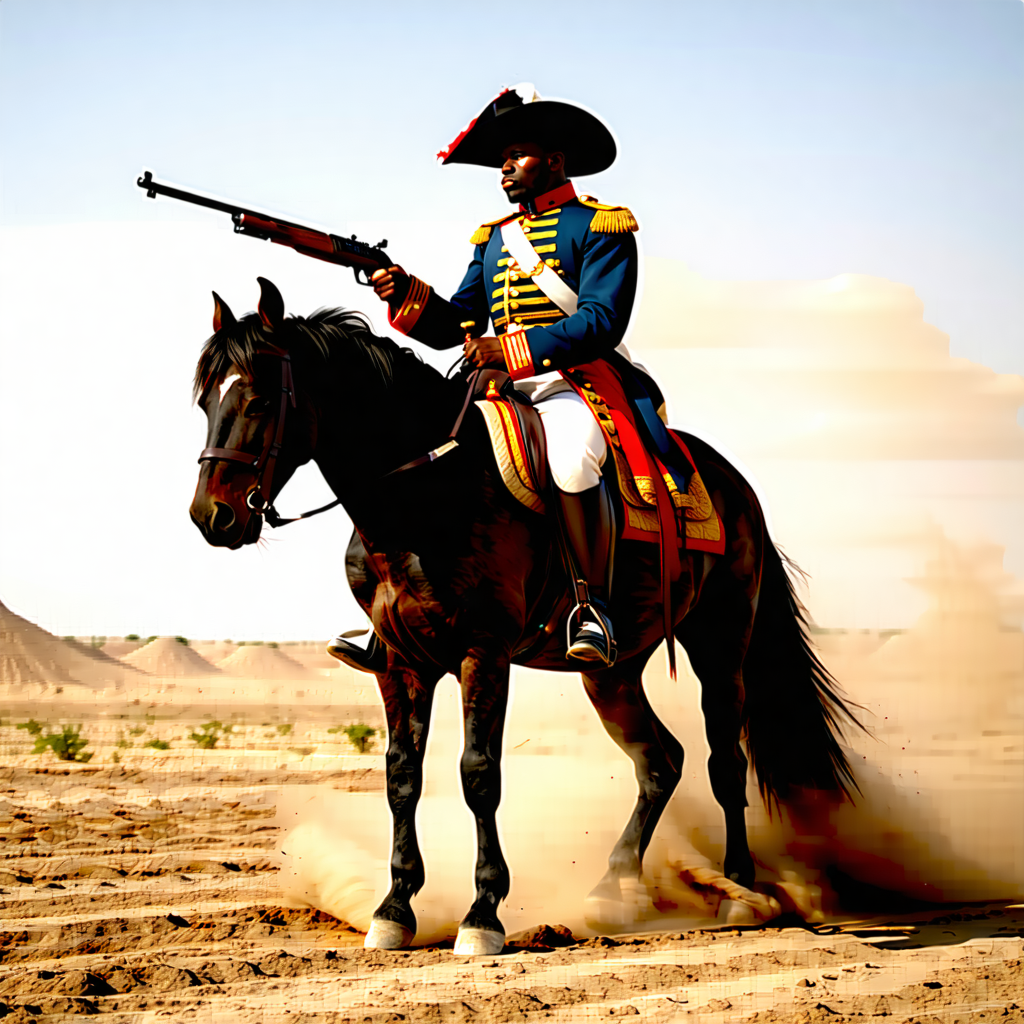 Envision a black Buffalo Soldier in a U.S. cavaly uniform astride his rearing horse amidst the dusty plains of the Spanish-American War battlefield. His pose is dynamic, embodying the heat of battle with a customized rifle in hand, pointing towards an unseen enemy. The soldier's uniform and equipment, meticulously researched for historical accuracy, bear the weathered textures of war. Earthy tones dominate the scene, with strategic pops of red and blue—especially the American flag, symbolically draped over his shoulder, catching the dramatic backlighting. His face, set in a determined expression, hints at stories of bravery, while medals of honor subtly adorn his chest, adding depth to his character. The composition is diagonal, injecting motion and tension into the scene. Dust kicks up around them, merging with flying bullets and smoke trails, enhancing the action-packed details. This moment is frozen under a dramatic backlight, highlighting the soldier and his horse against the battlefield, ensuring every element from the dynamic character interaction to the symbolic colors and patterns, contributes to a vivid, expressive, and historically resonant image.