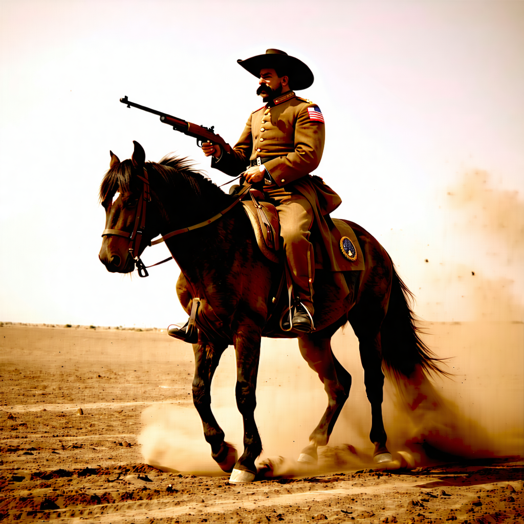 Envision a Buffalo Soldier astride his rearing horse amidst the dusty plains of the Spanish-American War battlefield. His pose is dynamic, embodying the heat of battle with a customized rifle in hand, pointing towards an unseen enemy. The soldier's uniform and equipment, meticulously researched for historical accuracy, bear the weathered textures of war. Earthy tones dominate the scene, with strategic pops of red and blue—especially the American flag, symbolically draped over his shoulder, catching the dramatic backlighting. His face, set in a determined expression, hints at stories of bravery, while medals of honor subtly adorn his chest, adding depth to his character. The composition is diagonal, injecting motion and tension into the scene. Dust kicks up around them, merging with flying bullets and smoke trails, enhancing the action-packed details. This moment is frozen under a dramatic backlight, highlighting the soldier and his horse against the battlefield, ensuring every element from the dynamic character interaction to the symbolic colors and patterns, contributes to a vivid, expressive, and historically resonant image.