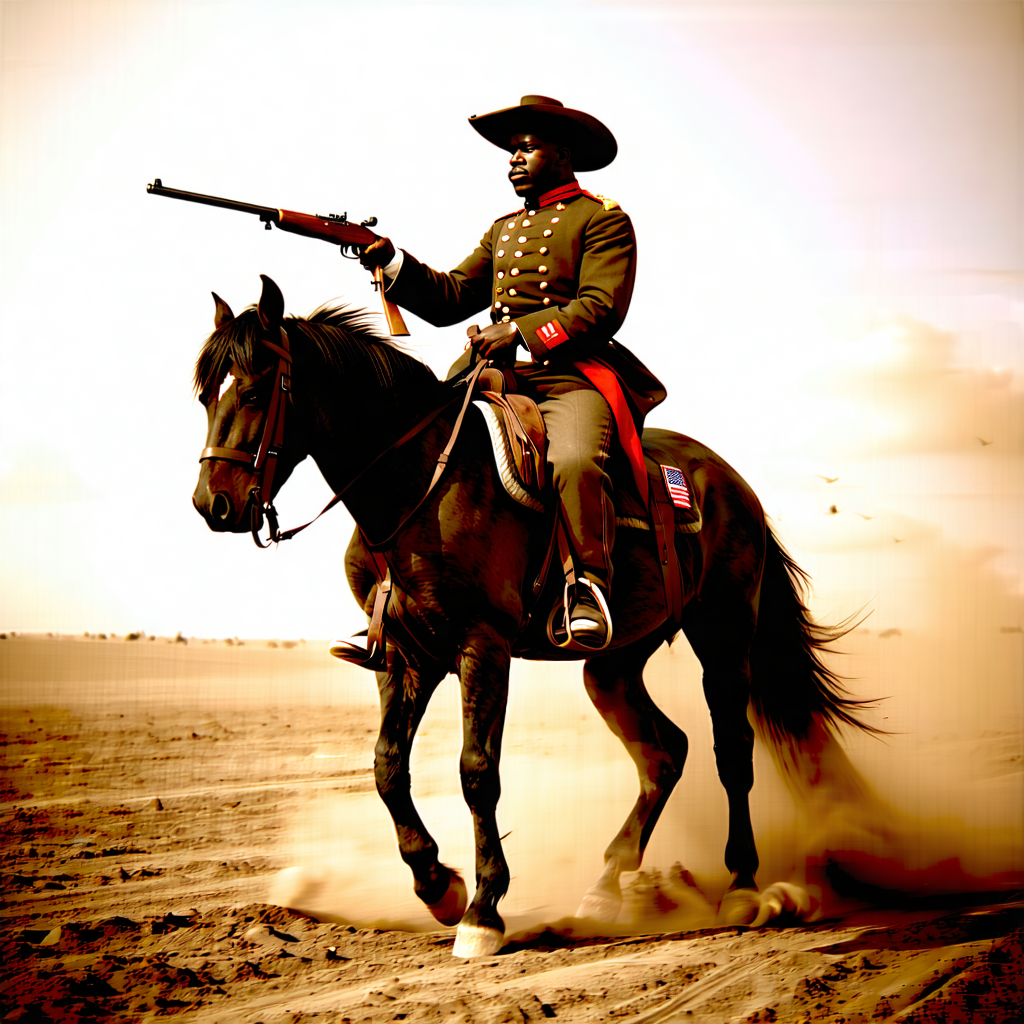 Envision a black Buffalo Soldier astride his rearing horse amidst the dusty plains of the Spanish-American War battlefield. His pose is dynamic, embodying the heat of battle with a customized rifle in hand, pointing towards an unseen enemy. The soldier's uniform and equipment, meticulously researched for historical accuracy, bear the weathered textures of war. Earthy tones dominate the scene, with strategic pops of red and blue—especially the American flag, symbolically draped over his shoulder, catching the dramatic backlighting. His face, set in a determined expression, hints at stories of bravery, while medals of honor subtly adorn his chest, adding depth to his character. The composition is diagonal, injecting motion and tension into the scene. Dust kicks up around them, merging with flying bullets and smoke trails, enhancing the action-packed details. This moment is frozen under a dramatic backlight, highlighting the soldier and his horse against the battlefield, ensuring every element from the dynamic character interaction to the symbolic colors and patterns, contributes to a vivid, expressive, and historically resonant image.