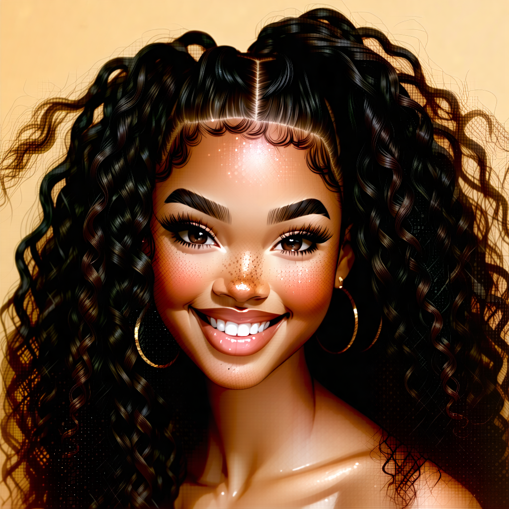 "Picture a book cover that embodies the spirit of a mixed-race girl with an R&B singer's charisma. She emanates inner strength and tenacity, her long, curly hair buzzing with life around her, under bright, studio lighting that intensifies the sparkle of her skin and the lively swirl of her hair. Her dimples are noticeable, amplified by her infectious smile and focused gaze, speaking volumes of her determination and resolve. She's placed slightly to the side, adhering to the