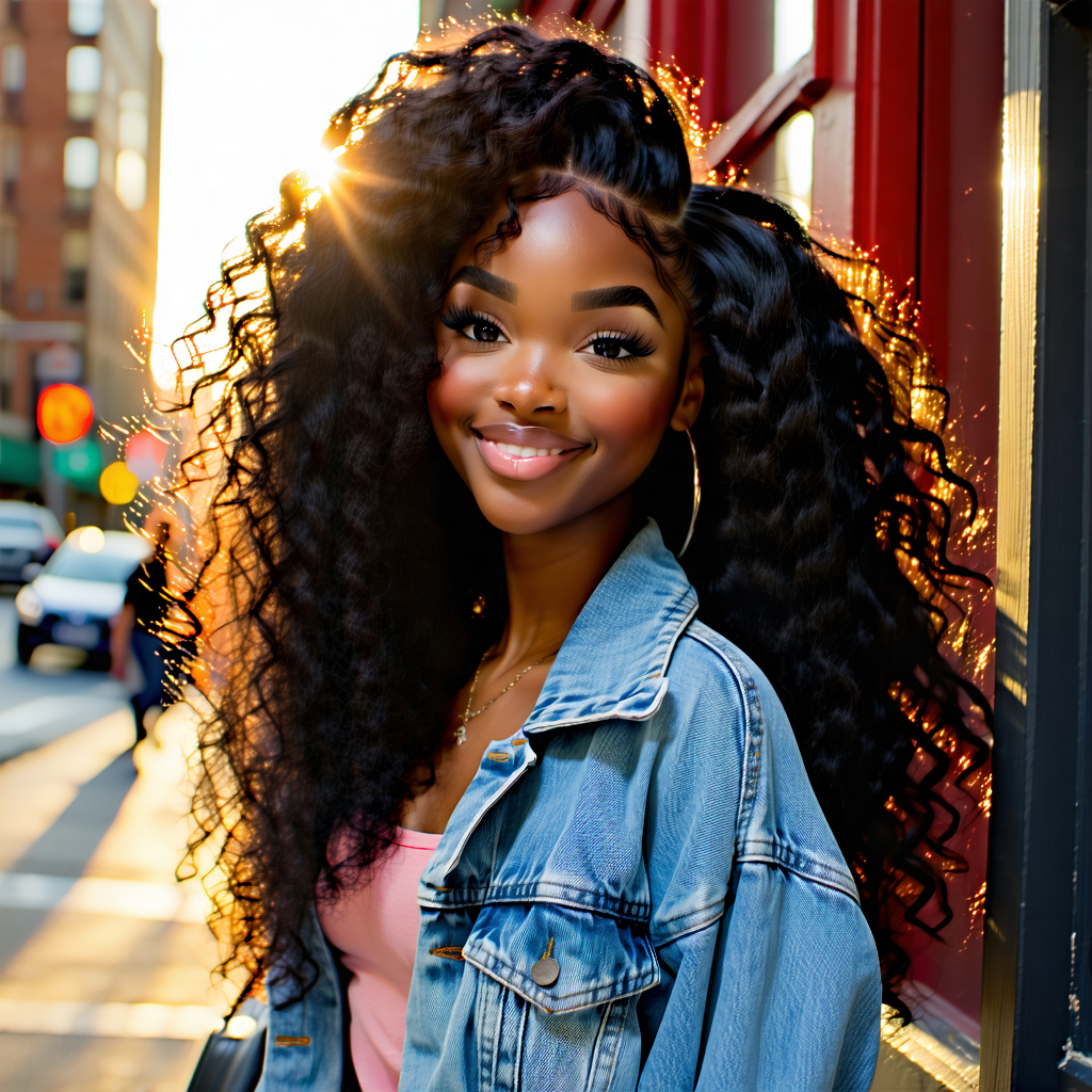 Capture a mixed-race girl with radiant, long, curly hair flowing over her shoulders, lit by the soft, natural light of a setting sun in an urban environment. Her adorable dimples are on full display with a sultry smirk, embodying warmth and inviting charm. She stands in a powerful, elongated posture, her style screaming R&B chic—bold, fashionable, with a touch of effortless personality. Incorporate a dramatic silhouette with her striking a fashionable pose off-center in the frame, the vibrant colors of her outfit popping against the city backdrop. The composition should include music-inspired props, hinting at her passion and adding depth to her character. Aim for a close-up that emphasizes texture, especially in her hair and the fabrics of her clothing, underlining the sultry and confident mood. Editing should be subtly retouched for realism, preserving the natural beauty and textures while enhancing the cinematic, professional photography quality in 8k resolution.