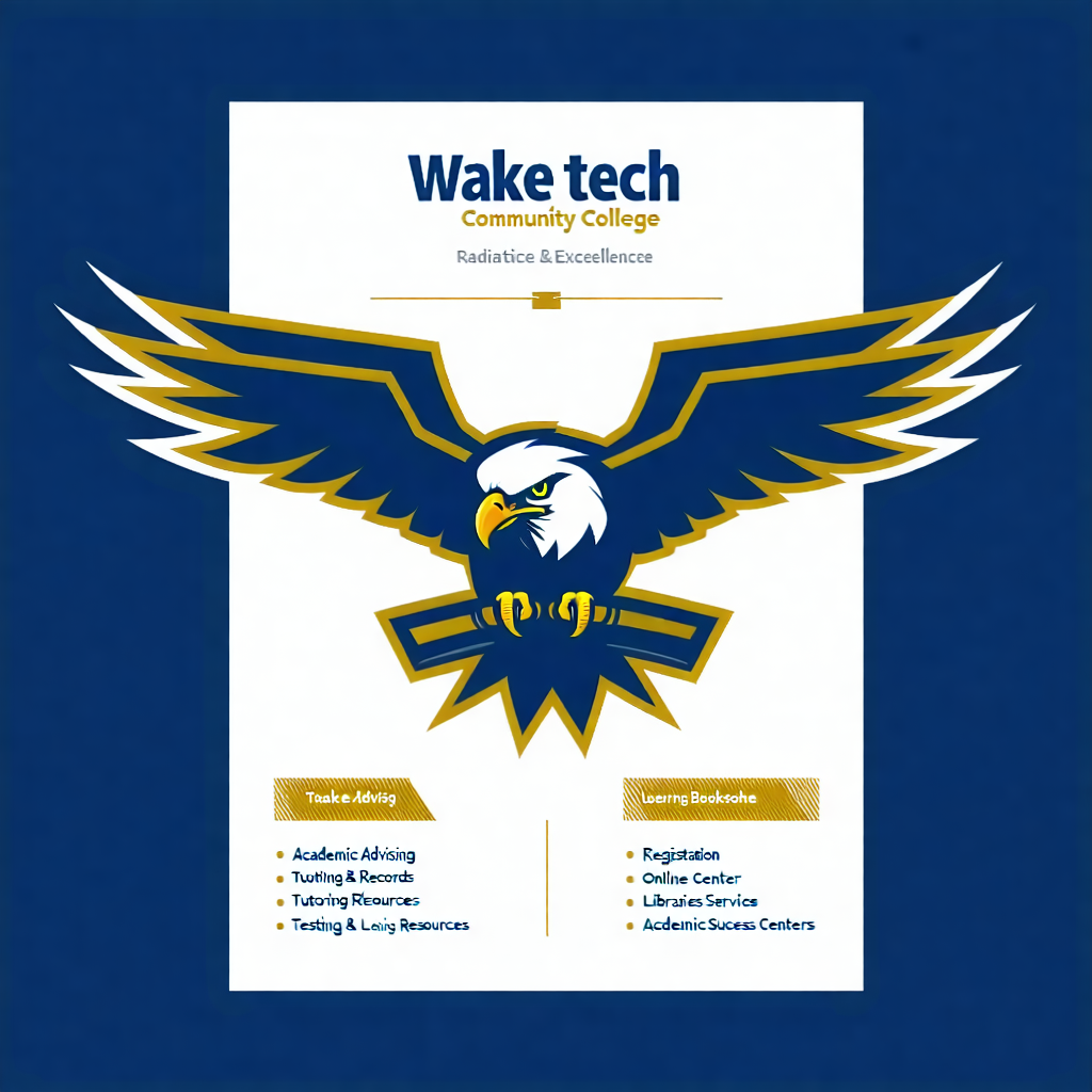 Create a clean, modern flyer for Wake Tech Community College, radiating academic excellence and community spirit. The main subject, highlighted through navy blue and gold, encompasses sections for Academic Advising, Registration & Records, Tutoring & Learning Center, Online Resources, Testing Services, Academic Success Centers, Libraries, and the Bookstore. Integrate the college mascot, an eagle with a dark blue body and a white head, showcasing a bold, friendly, school-spirit style. Infuse the design with fun cartoon characters representing academic resources, such as a cartoon student for tutoring and cartoon books for the library, alongside academic-themed visuals like books, laptops, pencils, and campus icons. Ensure the layout is organized and welcoming, employing a grid system for balanced spacing, modern sans-serif headings, and serif fonts for body text to maintain readability. Incorporate engaging visual hierarchy, professional branding elements like subtle textures, and a motivating tone with inspirational academic quotes. The composition should be dynamic, utilizing color overlays and gradients to unify the navy blue and gold theme, and creative use of shadows and highlights to add depth.