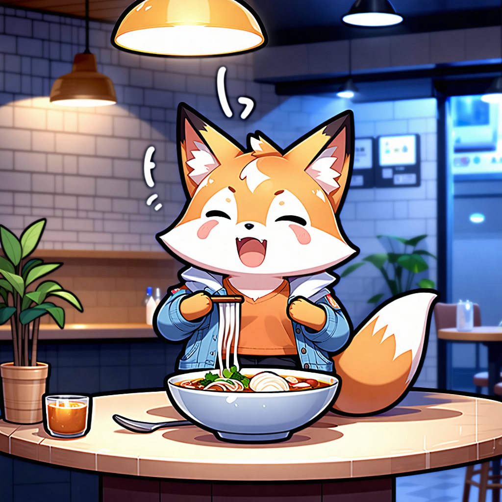 Envision a heartwarming scene set in a cozy cafe, where the warmth of friendship blooms under a soft ambient light. The main subjects are a chibi-style cute, hungry fox, its fur soft and textured, eagerly eating a steamy bowl of ramen. Standing behind it with an affectionate smile is a girl, dressed in an orange shirt layered with a blue jean jacket and black pants, symbolizing the giver of this delightful meal. Their expressions are exaggerated to enhance the mood of warm friendship, with playful gestures that add to the dynamic. The composition leans towards a diagonal setup, adding a sense of movement, as vibrant colors breathe life into the scene. Floating sakura petals and a subtle magical aura envelop them, infusing the scene with a touch of whimsy. The background, a depiction of a cozy cafe, is rich with inviting details, while the magical elements and narrative suggest a world where such moments of joy are cherished.