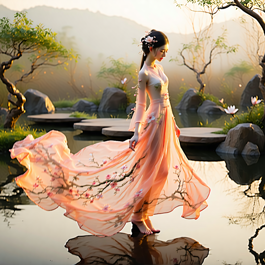 Envision a serene garden, where the soft, warm glow of the sunset caresses everything it touches. In this dreamy escape, a model stands gracefully, her body caught in a dance-inspired twirl, wearing a stunning silk dress that flows like liquid. The dress, a masterpiece in peach hues, is adorned with intricate embroidery of vines and blossoms, each detail meticulously crafted to stand out in a mix of floral prints that seem to dance with the fabric. Her hair, styled in loose waves, is embellished with delicate floral accessories, complementing the whimsical fairy tale vibe of the scene. The makeup is fresh and dewy, enhancing her relaxed, happy demeanor. The background, a lush garden setting, adds to the narrative, with light elements balancing the composition, ensuring the dress and the model remain the focal points. The entire scene evokes a mood of a dreamy garden escape, where the beauty of nature and fashion merge in a harmonious display of creativity and style.