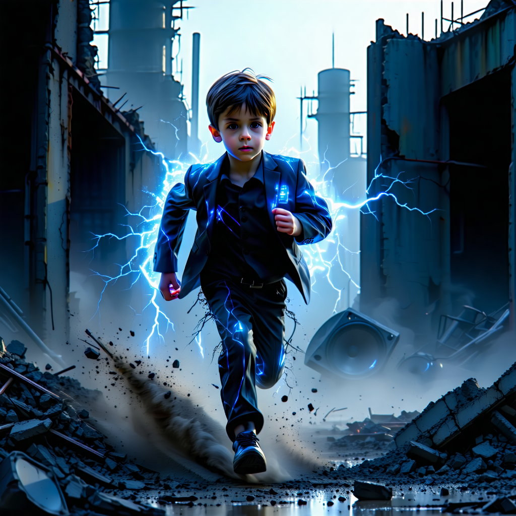 A cinematic post-apocalyptic world.
A young boy is running forward through a destroyed industrial wasteland.

The environment is dark and gritty: broken concrete, ruined warehouses, abandoned speakers and metal structures.
Dust and debris in the air, dramatic atmosphere.

The boy wears a worn futuristic rave-inspired outfit.
On his suit, subtle electric patterns are visible: glowing lines, circuit-like details, and faint energy veins embedded in the fabric.
The electric elements are not sparks or lightning, only soft glowing energy details integrated into the clothing.

His expression shows determination, rebellion, and raw youth energy.

Cinematic lighting, high contrast, dynamic motion blur on the background.
Ultra-detailed, high-resolution concept art.
Gritty, 90s rave and post-industrial aesthetic.